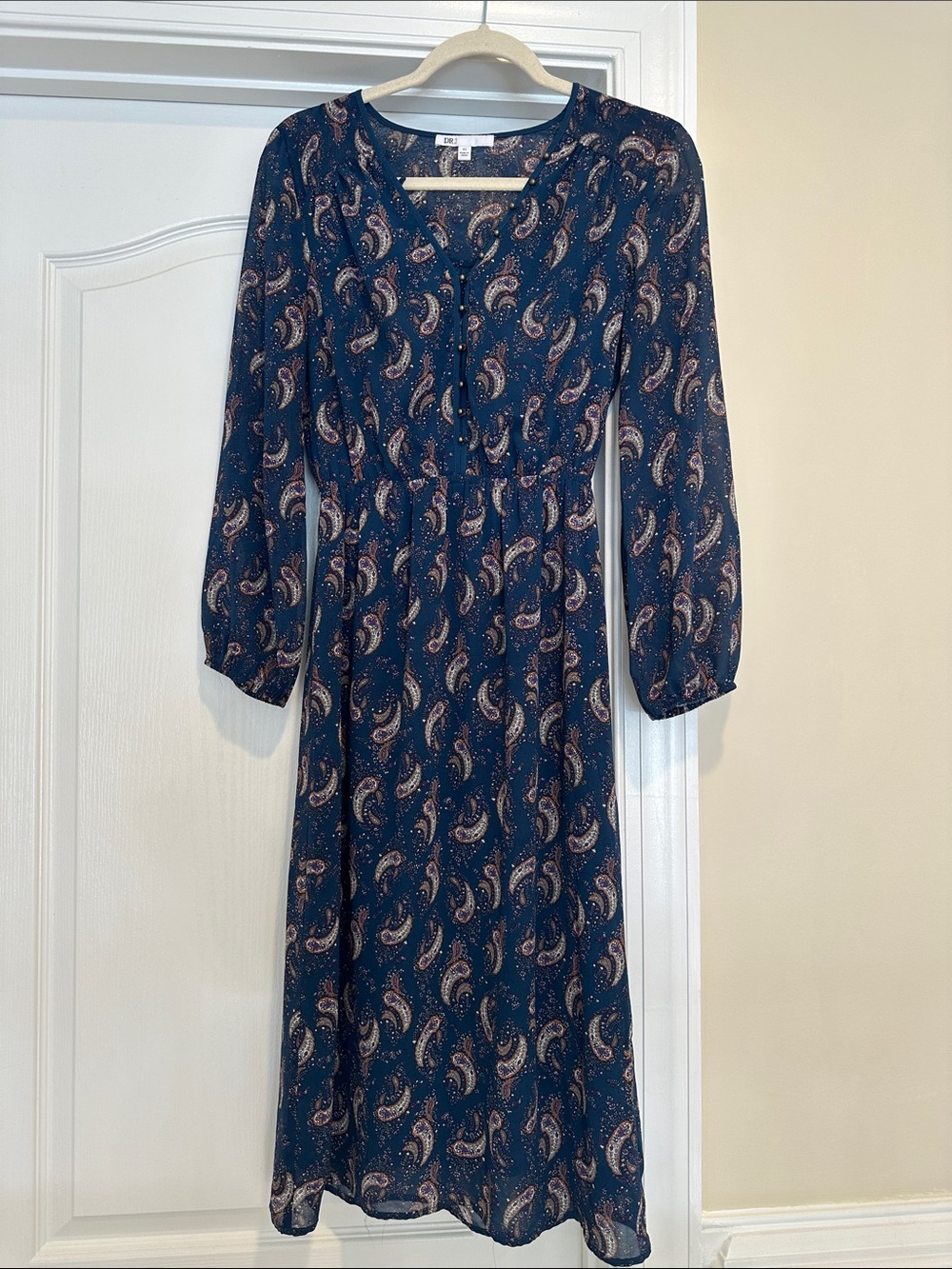 DR2 Navy Paisley Button-Front Midi Dress